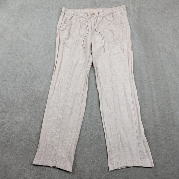 New York & Company Size S Linen Blend Wide Leg Pants Tan Boho Coastal Drawstring — photo 2